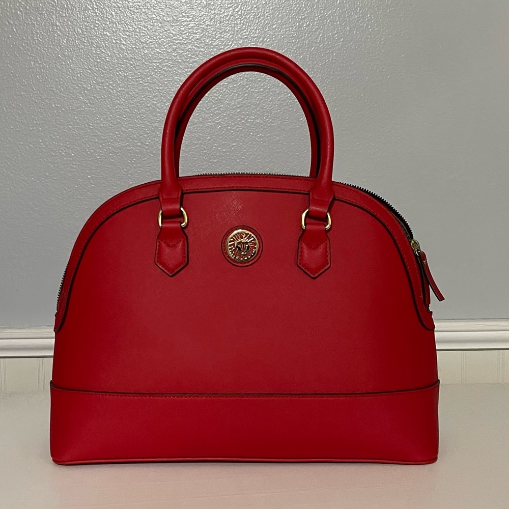 Anne Klein red satchel bag with optional long strap and gold hardware